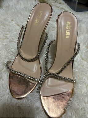 Miss Lola Rose Gold Rhinestone Slide Heels